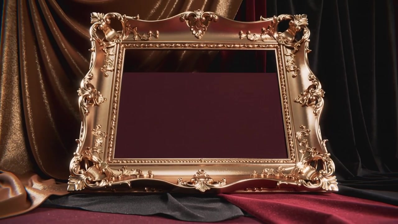 Camera pulling back, focus sharpening, revealing ornate gilded frame in staged set, burgundy mat