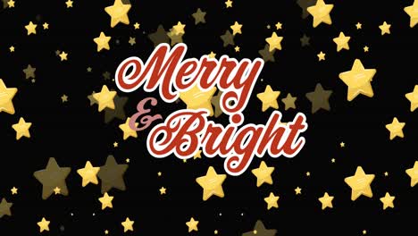 animation of merry and bright text banner against star icons in seamless pattern on black background