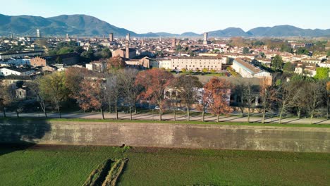 drone shot of lucca walls in city of lucca, italy