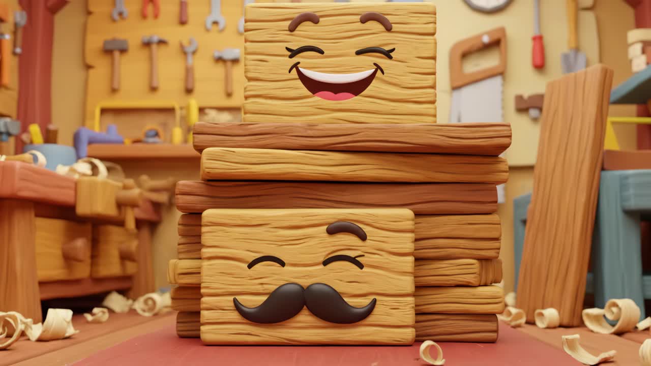 Blocchi di legno animati e giocosi che ammiccano e si muovono in un laboratorio