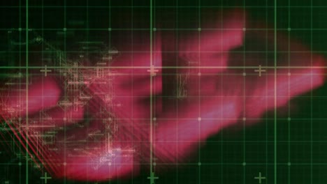 animation of data processing over grid and glowing pink structure