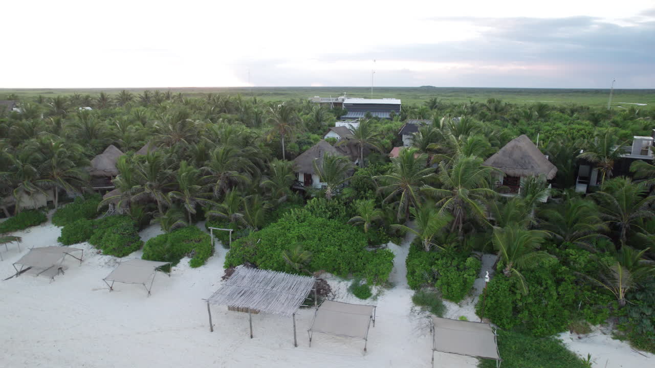 fotografía aérea de cabañas y chozas rodeadas de palmeras y una playa de arena blanca en tulum, méxico