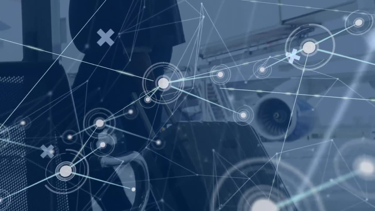 Animazione di una rete di connessioni su un uomo d'affari caucasico con valigia