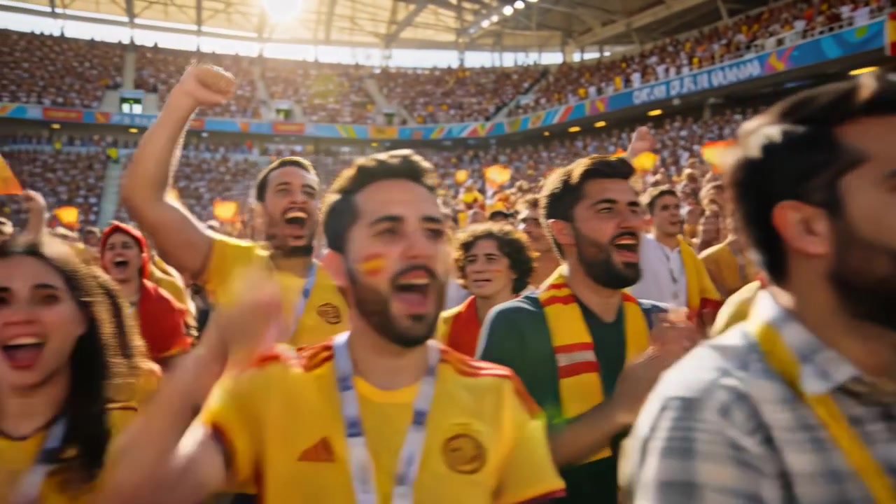 Aficionado animando con camiseta amarilla gritando por la jugada en el estadio, mostrando las franjas de la bandera, agitando banderas.