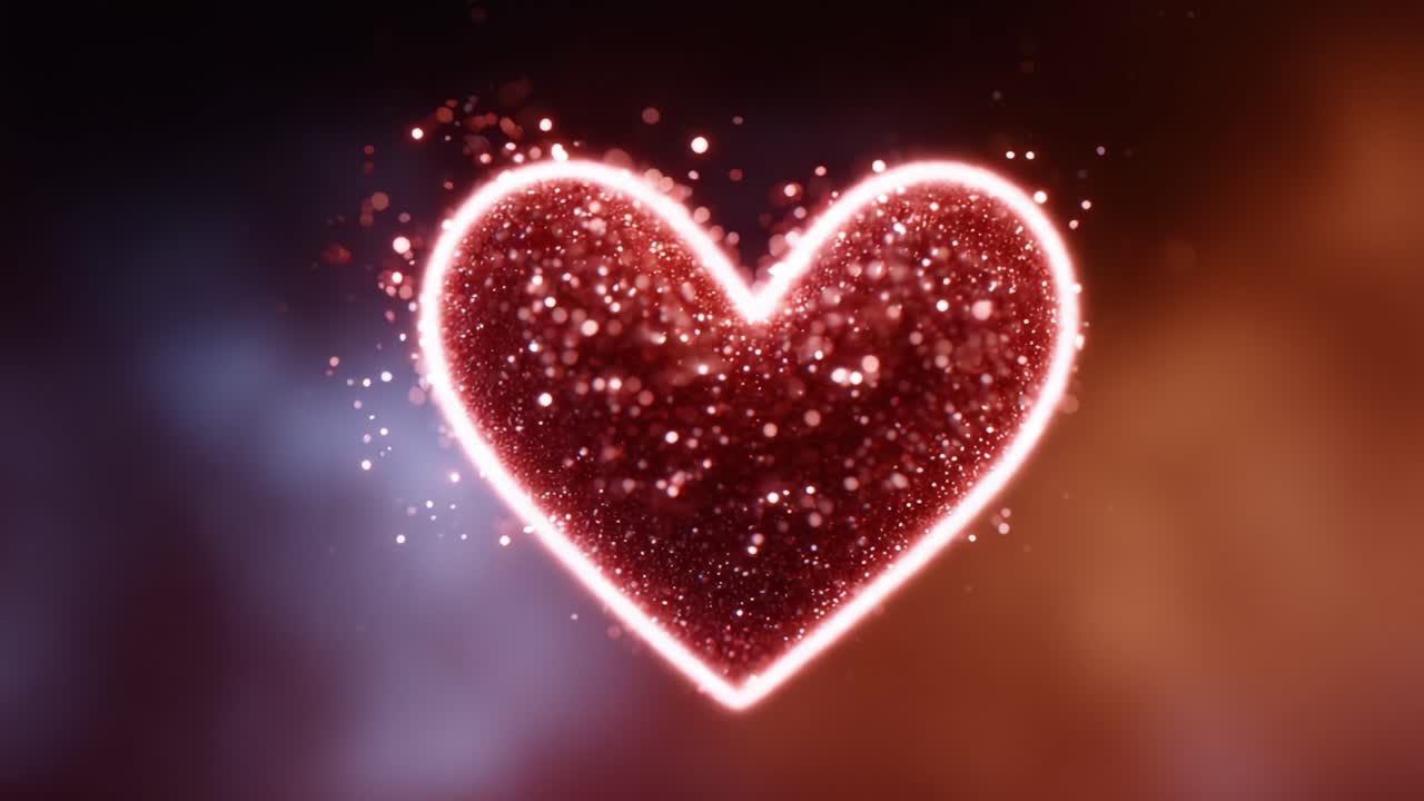 Un’immagine accattivante di un cuore luccicante formato da particelle vibranti, che brillano delicatamente su uno sfondo sfocato, che simboleggia l’amore e il calore in modo delizioso