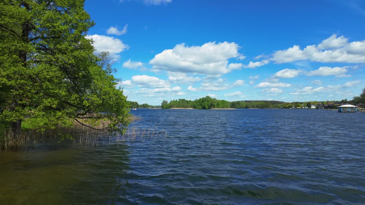 A serene lakeside view with calm water, green trees, and a blue sky with fluffy clouds. Ideal for themes related to nature, relaxation, outdoor scenery, and peaceful landscapes.