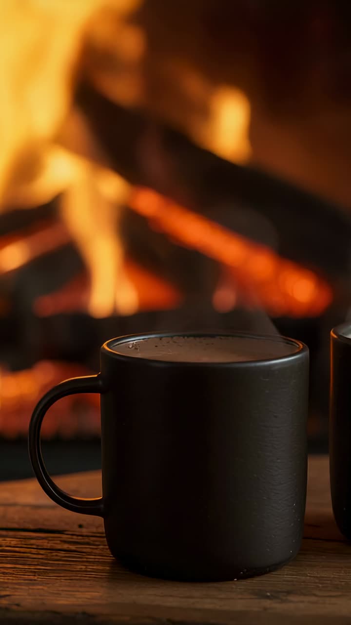 Vertical video: Glowing embers dancing over ceramic mugs on tabletop at home, emitting steam