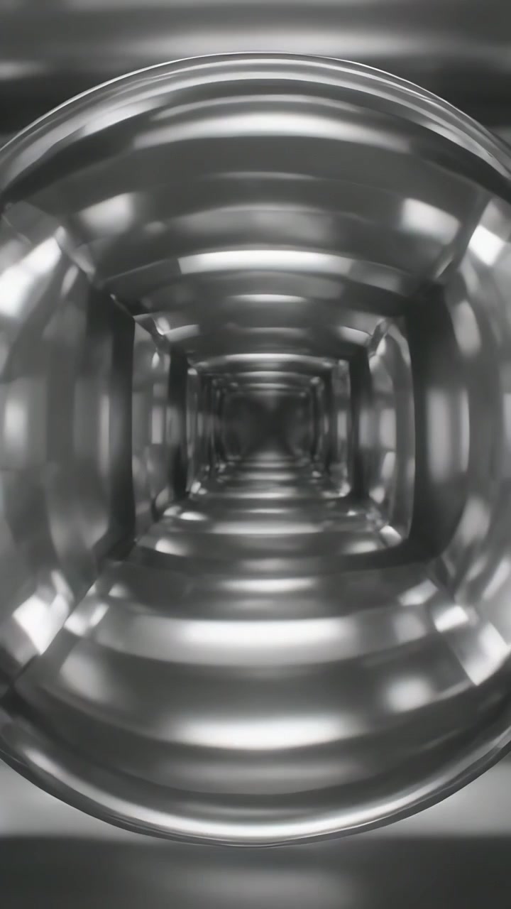Vertical video: Moving camera dolly forward through shiny metal tunnel, revealing square corridor