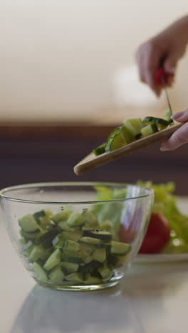 woman puts cucumber slices into glass bowl from board cooking salad for family dinner on table in stylish light kitchen close view slow motion