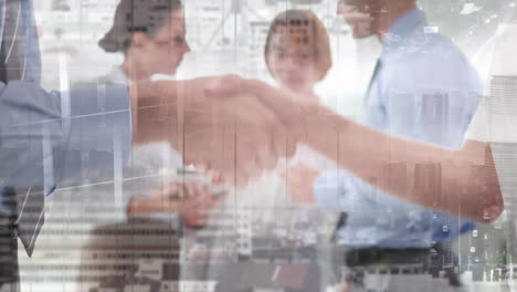 mid section of businessman and businesswoman shaking hands at office over aerial view of cityscape