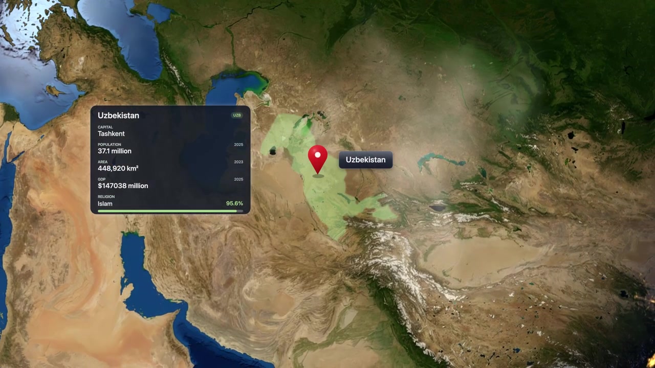 Satellite view zooms from outer space into Uzbekistan highlighted with country borders and data infographic. Includes NASA public domain imagery.