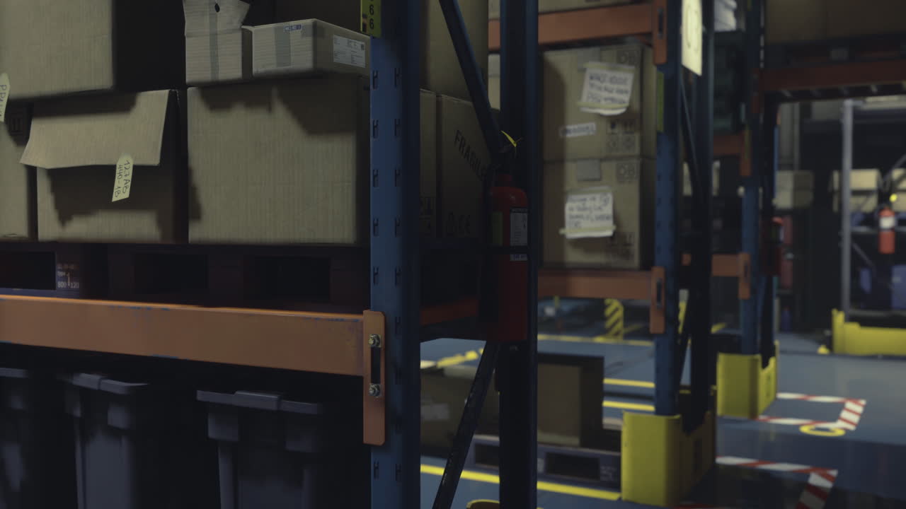 Evening warehouse with stacked crates and storage containers