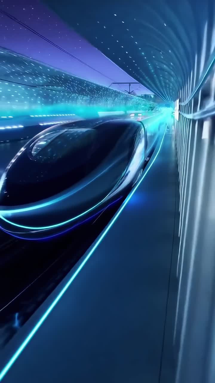 Treno futuristico in stazione di notte, inquadratura dal basso, luci blu brillanti, atmosfera da videogioco