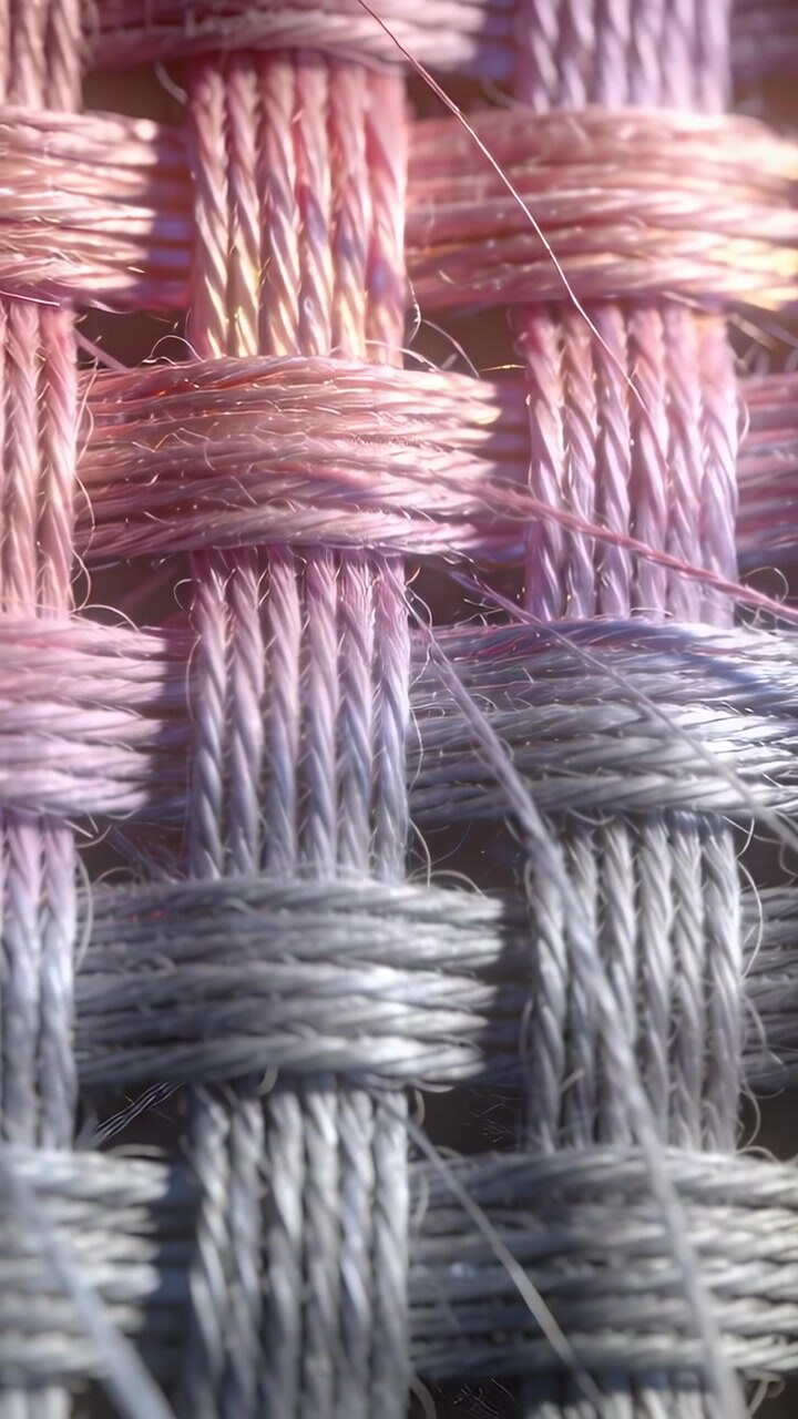 Vertical video: Shifting camera revealing macro woven textile at bench, with stray filament moving