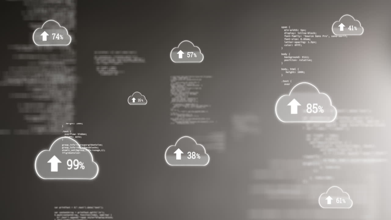 animación de procesamiento de datos y nubes con porcentaje en fondo negro