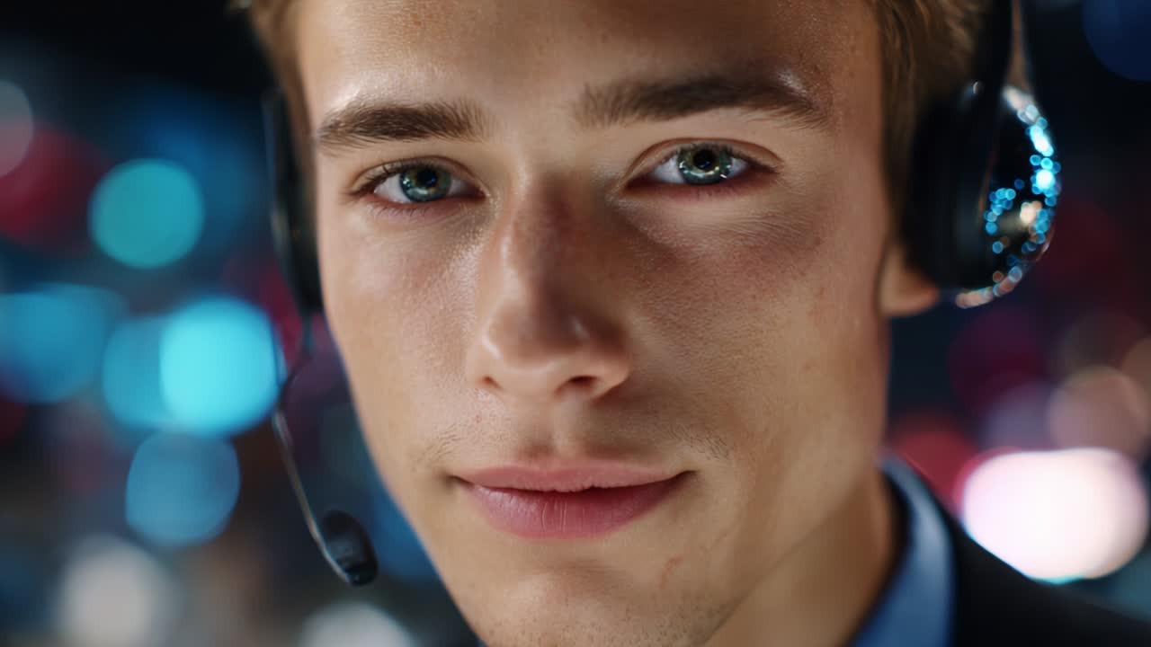 A close-up portrayal of a young male in a headset, exemplifying intense focus and communication skills against a vibrant and energetic backdrop with blurred colorful lights, portraying the essence of modern interaction
