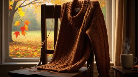 An inviting autumn scene featuring a cozy knitted sweater draped over a wooden chair, framed by a beautiful window adorned with colorful fall leaves and a warm cup nearby