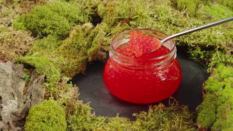 red caviar in a glass jar on moss