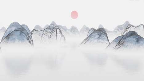 Mysterious-landscape-China's-traditional-Oriental-Digital-Art-animation,-Chinese-retro-painting-ink-misty-mountain-with-flowers,-tree,-birds,-river-in-fog-background