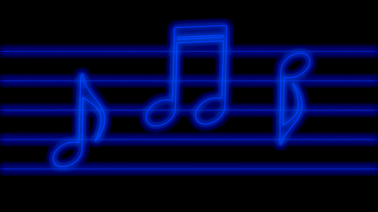 Animation af blåglødende musiknoder i neonlys, der hopper i rytme, loop baggrund