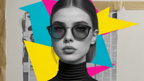 grayscale portrait with vibrant geometric shapes