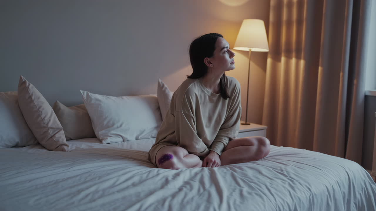 Woman Sitting on Bed with Injured Knee