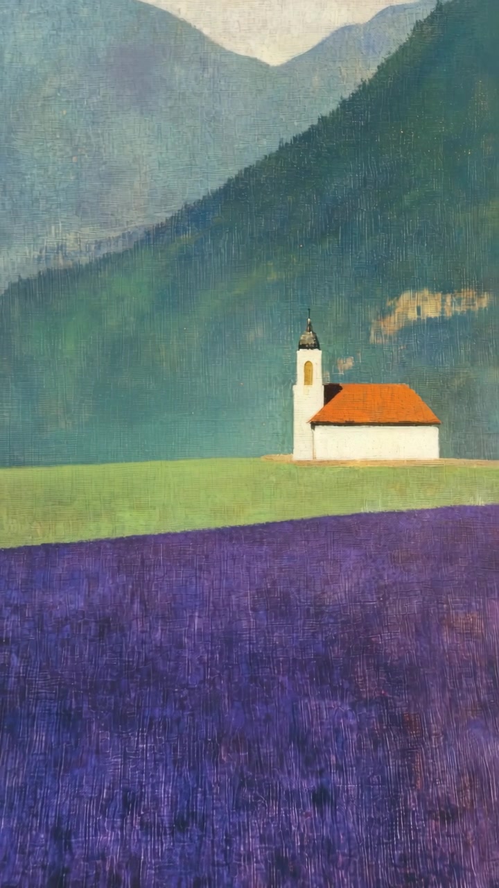Petite église dans un champ de lavande sous les montagnes