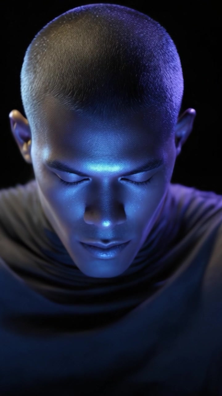Una figura contemplativa illuminata da una vivida luce blu, che emana calma e serenità mentre è in posa meditativa, enfatizzando la bellezza dell'introspezione e della tranquillità.