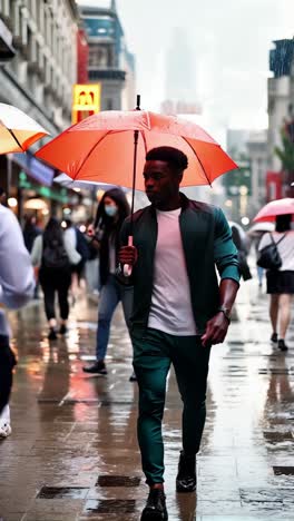 Rainy city scene with a young afro man walking to work.