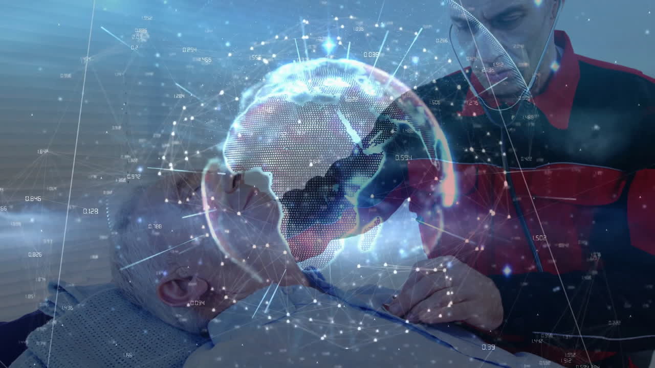 Male doctor using stethoscope on senior patient chest in health clinic, showing hologram data globe