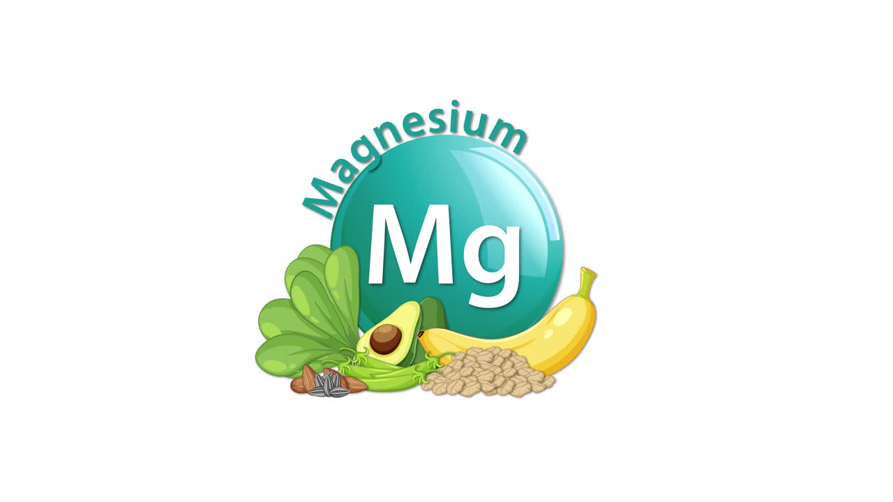 A glossy magnesium symbol animates in, joined by illustrated spinach, avocado, banana, and seeds, with smooth transitions and a clean white background