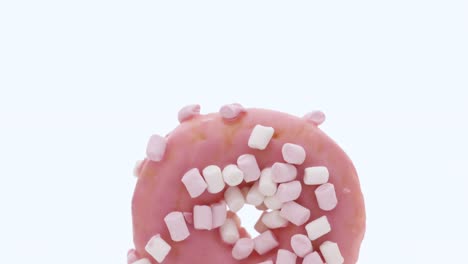 variedad de rosquillas de diferentes sabores. rosquilla de malvavisco esmaltada rosa. rosquillas salpicadas brillantes y coloridas sobre un fondo blanco