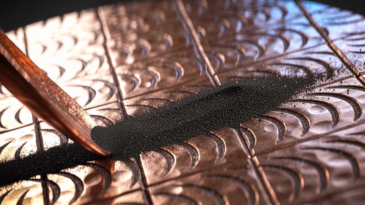 Contacting pile dragging pointed tool pushing black powder along seam on copper plate