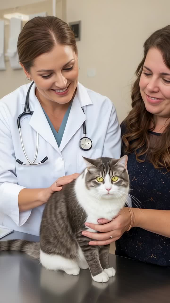 Vertical video: Examining vet in lab coat placing cat on table in clinic, checking coat with owner