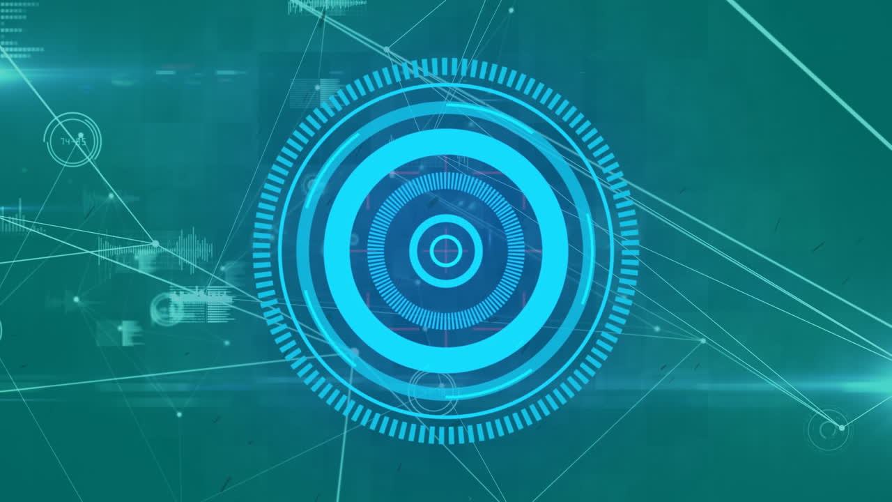 Animation of round scanner over network of connections and data processing on blue background