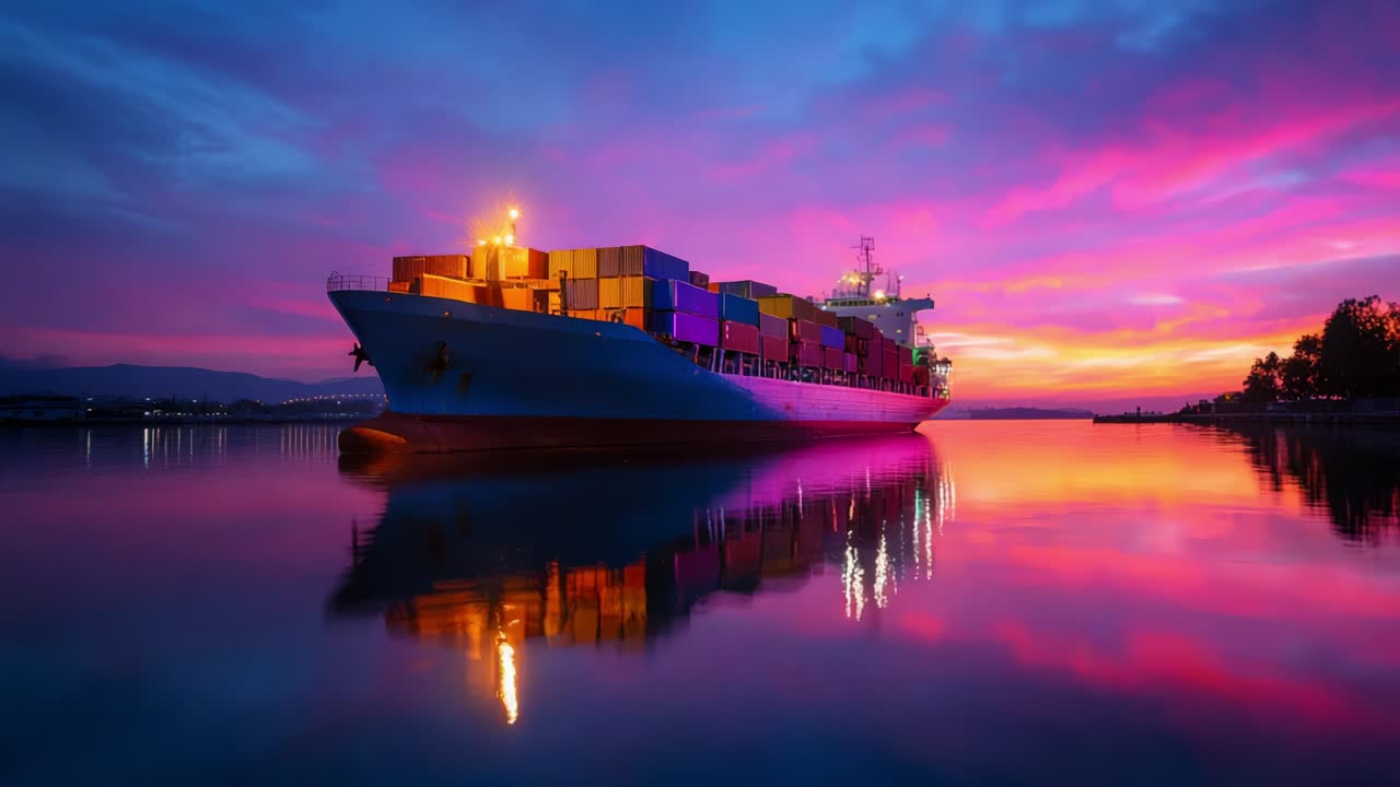 Container ship at sunset