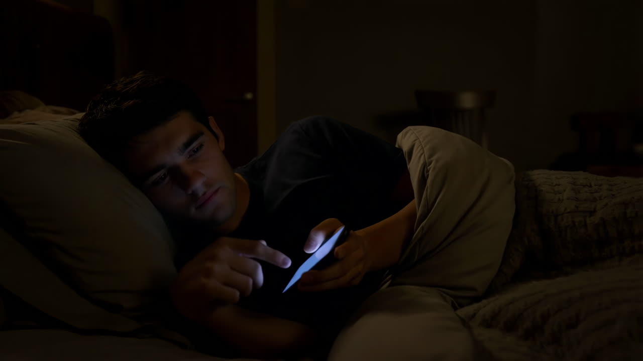 Giovane che usa lo smartphone a letto di notte