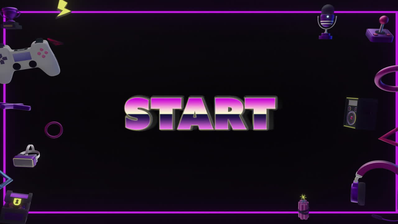 animación de iconos de juego sobre texto de inicio y formas