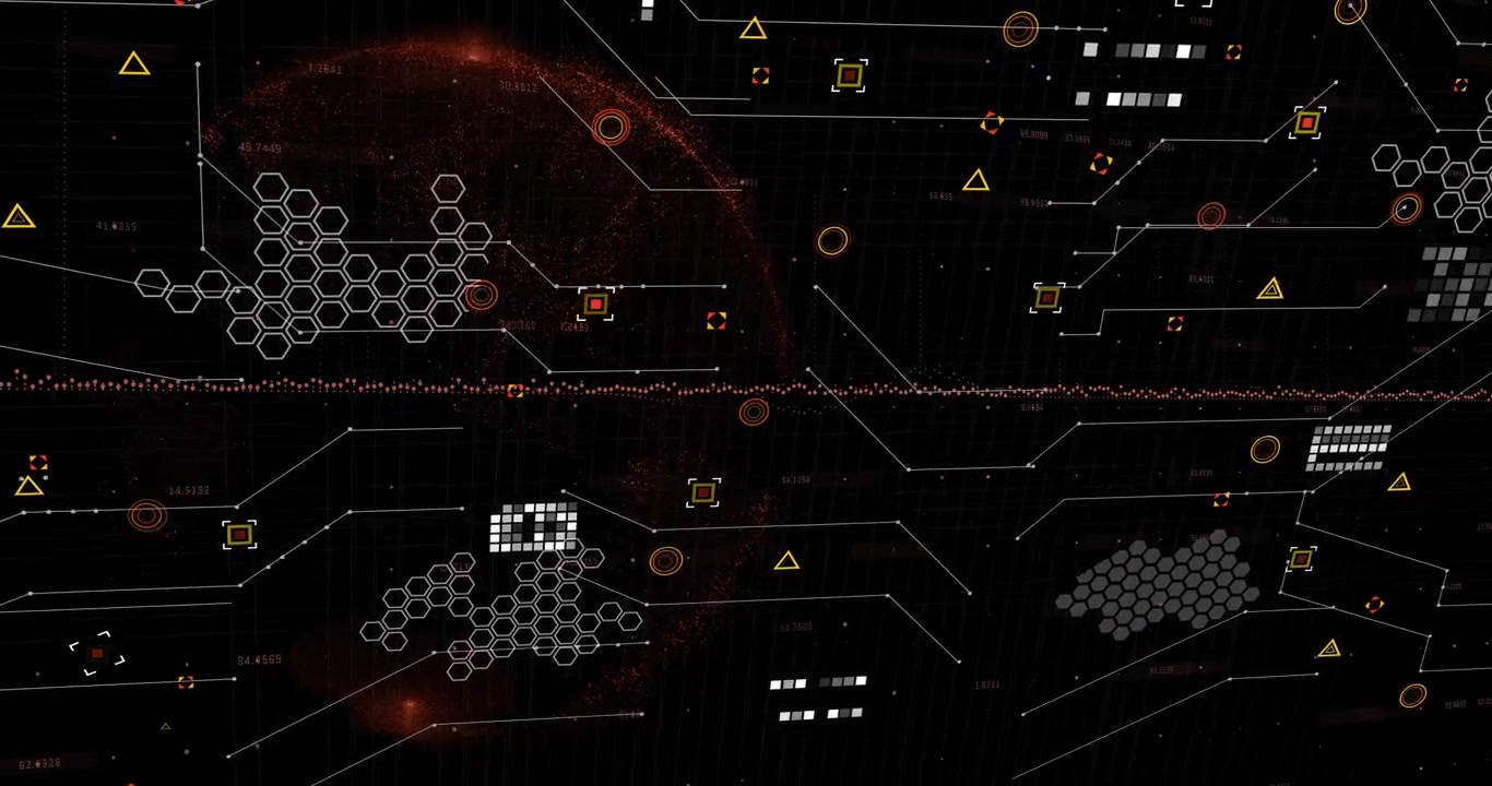 Animation of financial data processing over grid on dark background