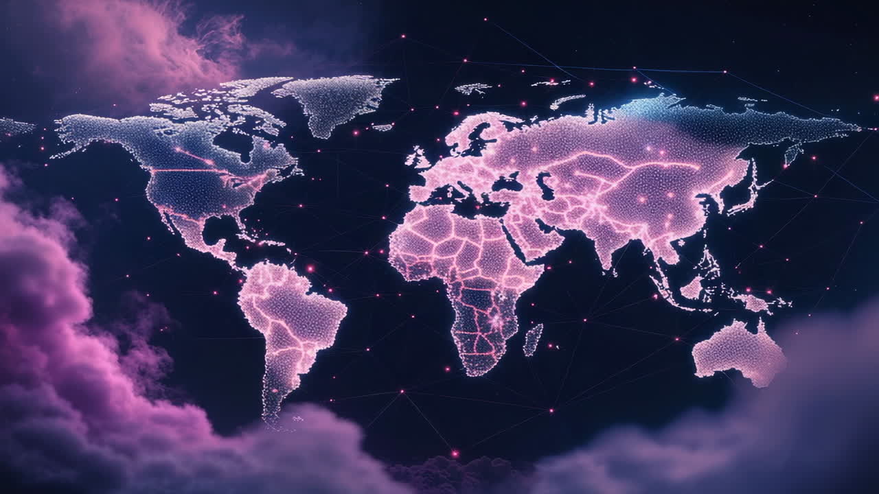Digital Global Network Map with Glowing Continents