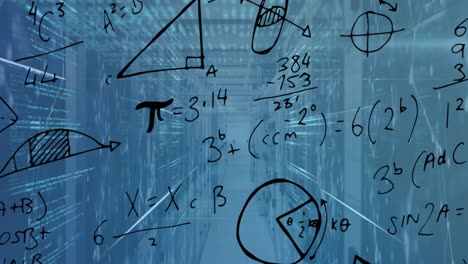animation of mathematical equations and data processing against computer server room