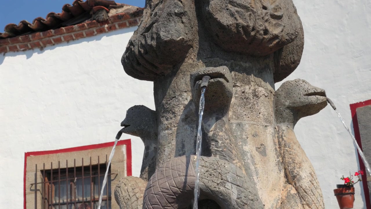 Fontana in pietra scolpita Pila de las Culebras con getti d'acqua zampillanti e rilievi scultorei a Tapalpa Pueblo Mágico, Jalisco, Messico. Dettaglio ravvicinato
