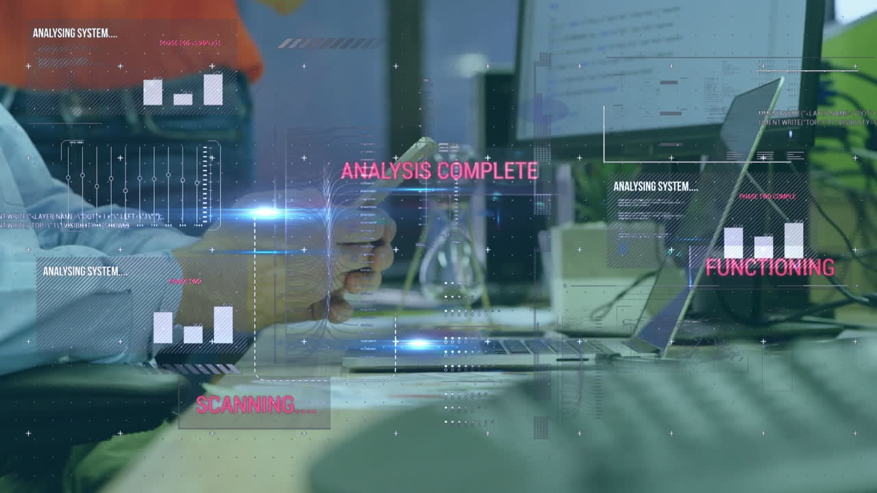 Animation of financial data processing over businesswoman using laptop