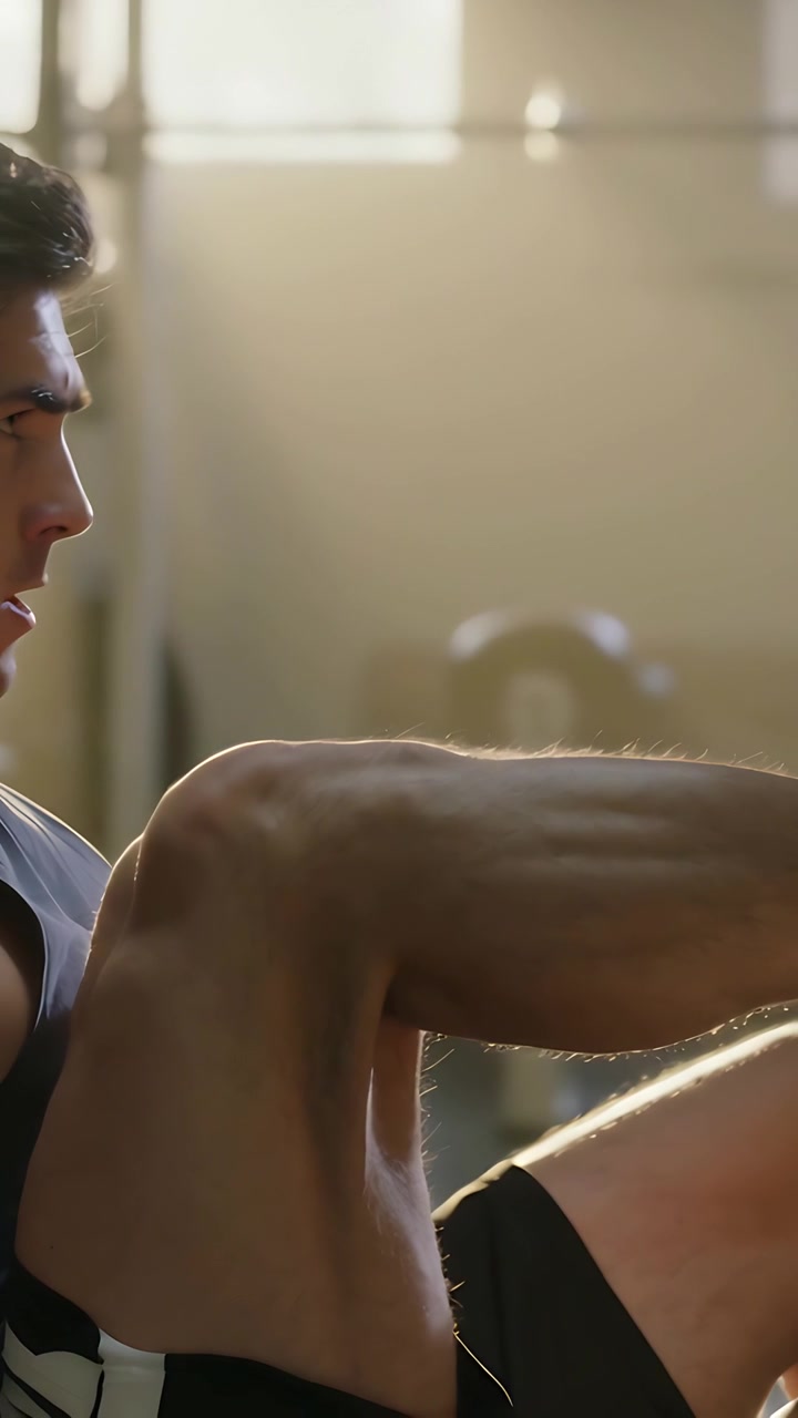 Video verticale: Inizio di una serie, uomo che esegue crunch addominali su una panca da palestra, con pantaloncini scuri e maglietta chiara.