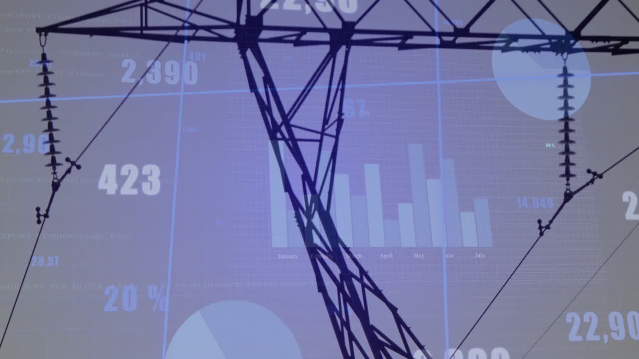 Lattice transmission tower moving into center frame after camera pan, revealing layered analytics