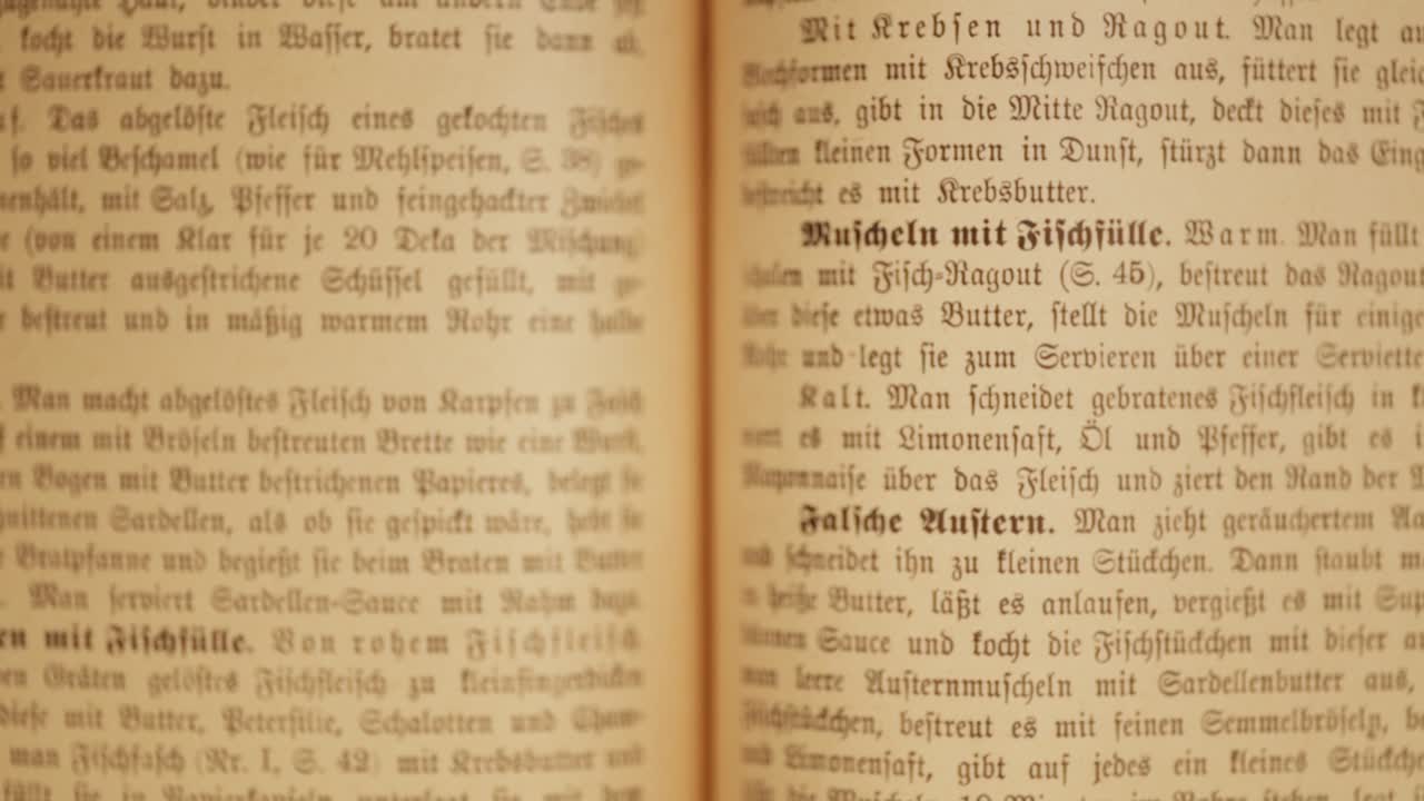 구식 독일 요리 책과 음식 설명에서 디포커스 및 선명한 보기