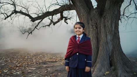 portrait of a smiling student wearing a school uniform and shawl, standing near a tree in a park, surrounded by fog and scattered dry leaves, capturing the essence of autumn