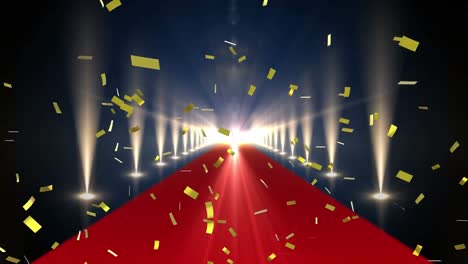 Animation-of-gold-confetti-falling-over-red-carpet-venue-with-spotlights