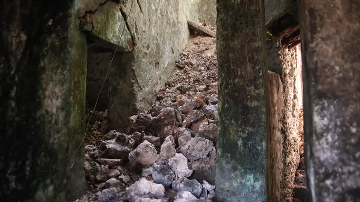 Una vecchia rovina abbandonata con muri di pietra fatiscenti e cumuli di macerie.