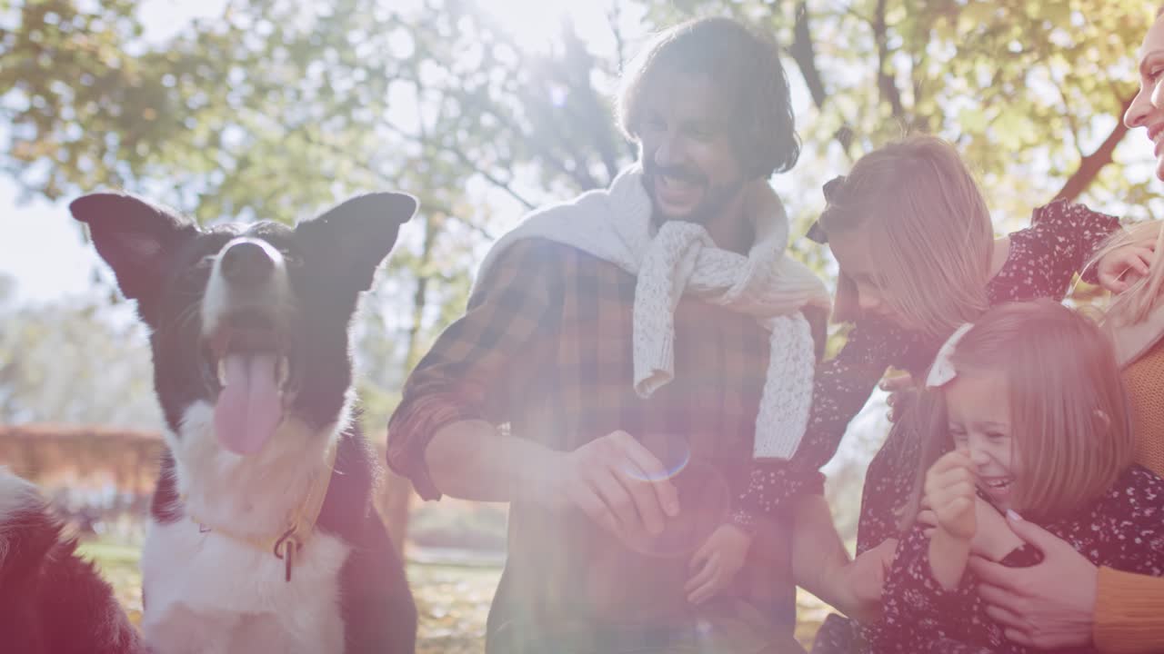 가을의 숲에서 가족과 개의  ⁇ 드헬드 뷰